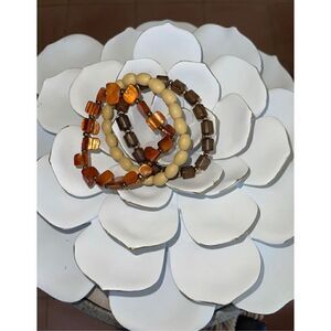 NEW Beaded stretch bracelet set, orange iridescent, cream and brown